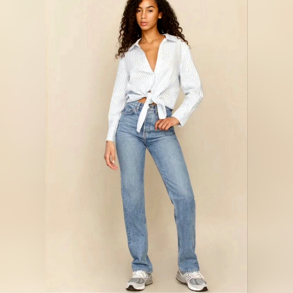 Reformation Anzio striped tie front linen top